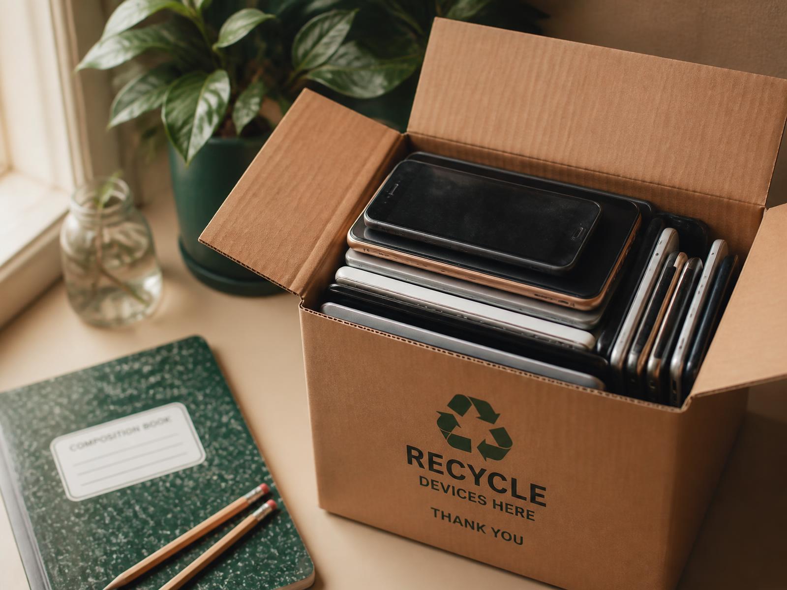 Used smartphones packed in a donation shipping box beside school supplies